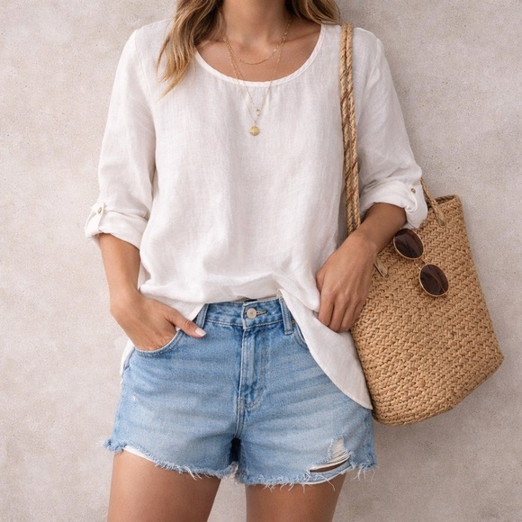 Russ Berens Tops - Russ Berens White Linen Tunic Top L Minimalist Coastal Grandma Boho Beach Blouse